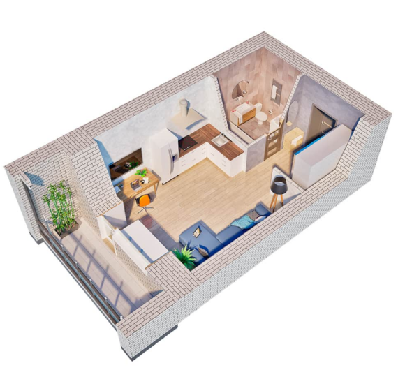 3D-планировка 1-комнатной квартиры 31,5 м²