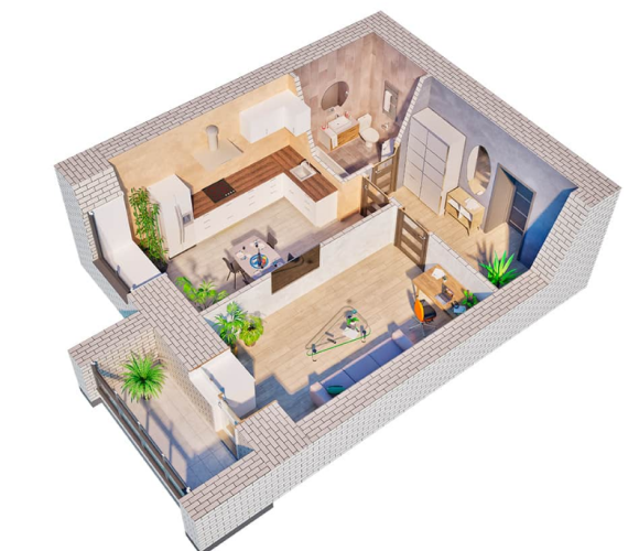 3D-планировка 1-комнатной квартиры 41,4 м²